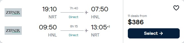 Non-stop flights from Tokyo, Japan to Honolulu, Hawaii for only $386 USD roundtrip. Flight deal ticket image.