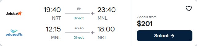 Non-stop flights from Tokyo, Japan to Manila, Philippines for only $201 USD roundtrip. Flight deal ticket image.