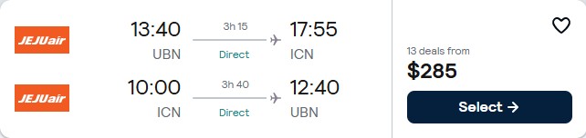 Click here to book this cheap flight deal. Non-stop flights from Ulaanbaatar, Mongolia to Seoul, South Korea for only $285 USD roundtrip. Flight deal ticket image.