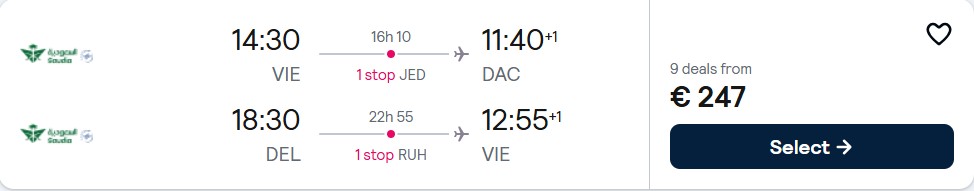 Click here to book this cheap flight deal. Open-jaw flights from Vienna, Austria to Dhaka, Bangladesh returning from Delhi for only €247 roundtrip. Flight deal ticket image.