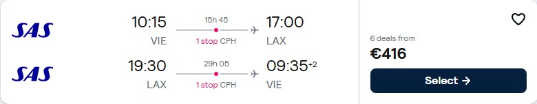 Click here to book this cheap flight deal. Cheap flights from Vienna, Austria to Los Angeles, USA for only €421 roundtrip with Scandinavian Airlines. Flight deal ticket image.