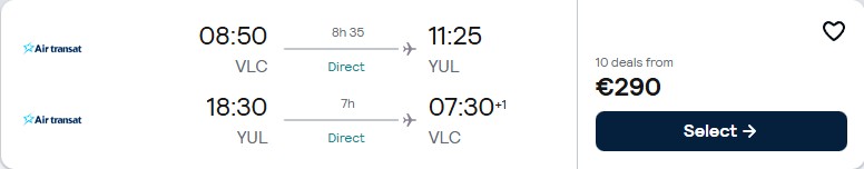 Click here to book this cheap flight deal. Non-stop flights from Valencia, Spain to Montreal, Canada for only €290 roundtrip. Flight deal ticket image.