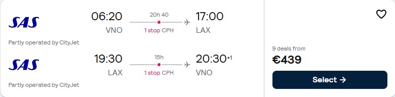 Click here to book this cheap flight deal. Cheap flights from the Baltics to Los Angeles, USA from only €351 roundtrip with Finnair and British Airways. Flight deal ticket image.