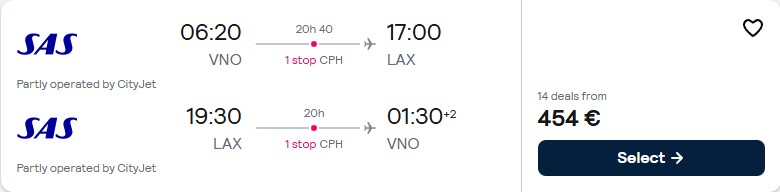 Click here to book this cheap flight deal. Cheap flights from Vilnius, Lithuania to Los Angeles, USA for only €454 roundtrip with Scandinavian Airlines. Flight deal ticket image.
