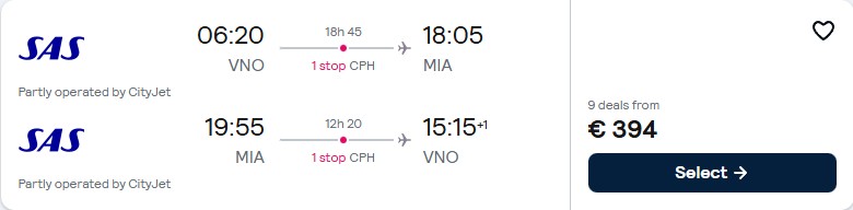 Click here to book this cheap flight deal. Cheap flights from Vilnius, Lithuania to Miami, USA for only €388 roundtrip with Scandinavian Airlines. Flight deal ticket image.