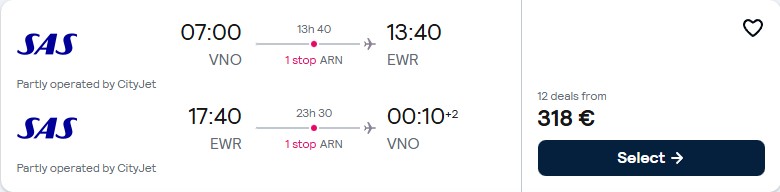 Click here to book this cheap flight deal. Christmas flights from the Baltics to New York, USA from only €318 roundtrip with Scandinavian Airlines. Flight deal ticket image.