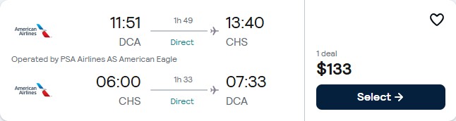 Non-stop, summer flights from Washington DC to Charleston, South Carolina for only $133 roundtrip with American Airlines. Also works in reverse. Flight deal ticket image.
