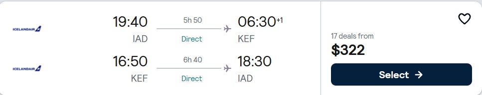 Click here to book this cheap flight deal. Non-stop flights from Washington DC to Reykjavik, Iceland for only $322 roundtrip. Flight deal ticket image.
