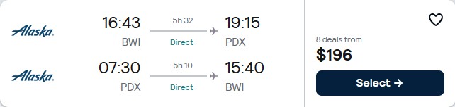 Click here to book this cheap flight deal. Non-stop flights from Washington DC to Portland, Oregon for only $196 roundtrip with Alaska Airlines. Also works in reverse. Flight deal ticket image.