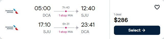 Click here to book this cheap flight deal. Summer flights from Washington DC to San Juan, Puerto Rico for only $286 roundtrip with American Airlines. Flight deal ticket image.