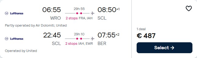 Click here to book this cheap flight deal. Open-jaw flights from Wroclaw, Poland to Santiago, Chile returning to Berlin, Germany for only €487 with Lufthansa and United Airlines. Flight deal ticket image.