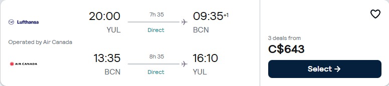 Click here to book this cheap flight deal. Non-stop flights from Montreal, Canada to Barcelona, Spain for only $643 CAD roundtrip with Air Canada. Flight deal ticket image.