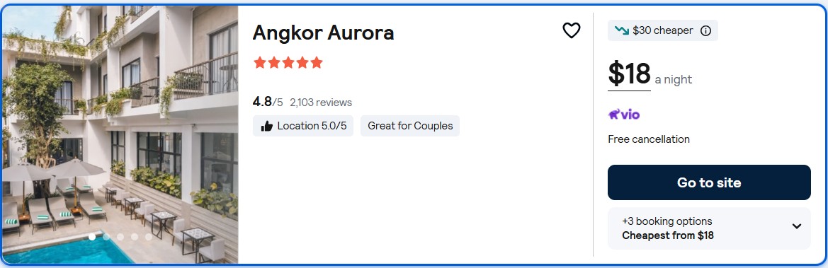 Stay at the 5* Angkor Aurora in Siem Reap, Cambodia for only $18 USD per night. Flight deal ticket image.
