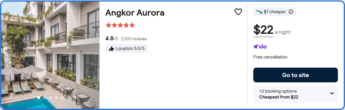 Click here to book this cheap flight deal. Stay at the 5* Angkor Aurora in Siem Reap, Cambodia for only $22 USD per night. Flight deal ticket image.