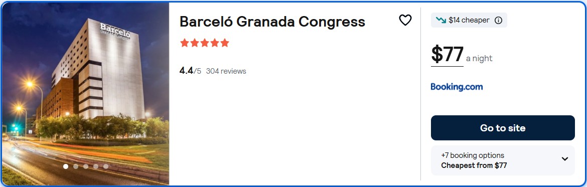 Click here to book this cheap flight deal. Stay at the 5* Barceló Granada Congress in Granada, Spain for only $77 USD per night. Flight deal ticket image.
