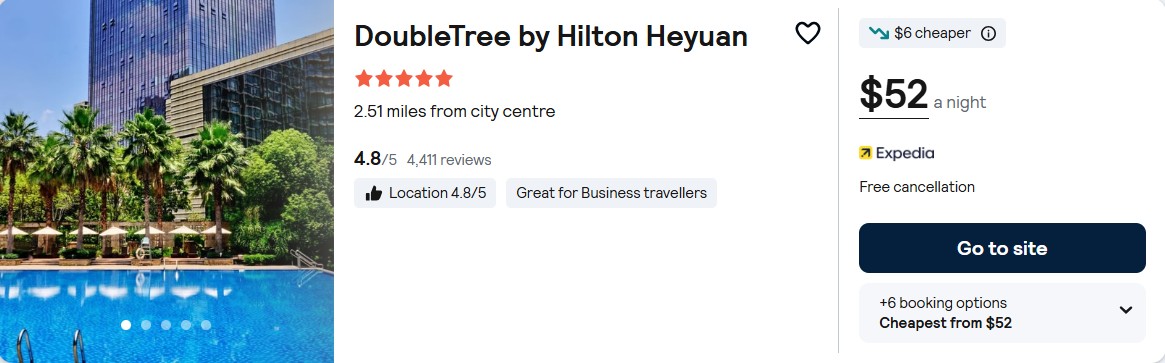 Click here to book this cheap flight deal. Stay at the 5* DoubleTree by Hilton Heyuan in Heyuan, China for only $52 USD per night over Christmas and New Year. Flight deal ticket image.