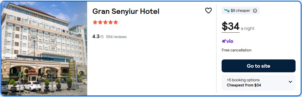 Stay at the 5* Gran Senyiur Hotel in Balikpapan, Indonesia for only $34 USD per night. Flight deal ticket image.