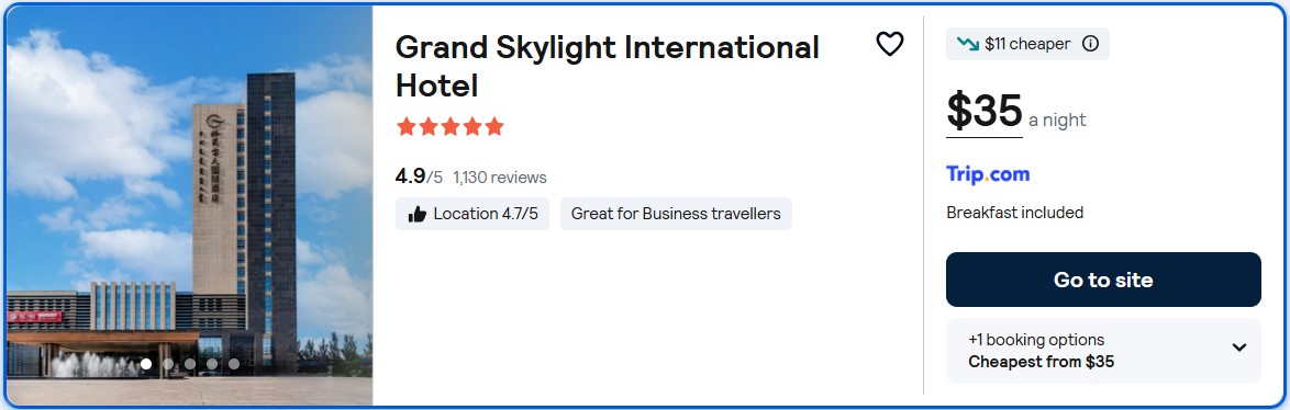 Stay at the 5* Grand Skylight International Hotel in Wuhai, China for only $35 USD per night. Flight deal ticket image.