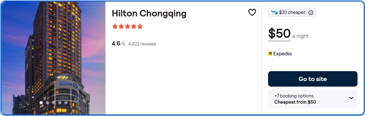Click here to book this cheap flight deal. Stay at the 5* Hilton Chongqing in Chongqing, China for only $50 USD per night. Flight deal ticket image.