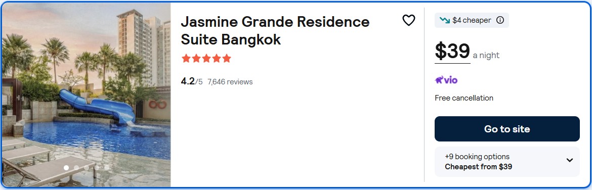 Click here to book this cheap flight deal. Stay at the 5* Jasmine Grande Residence Suite Bangkok in Bangkok, Thailand for only $39 USD per night. Flight deal ticket image.
