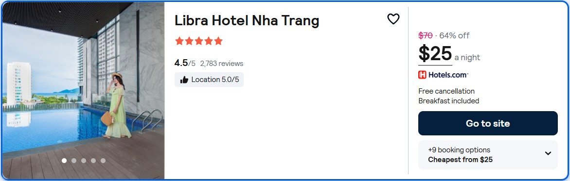 Stay at the 5* Libra Hotel Nha Trang in Nha Trang, Vietnam for only $25 USD per night. Flight deal ticket image.