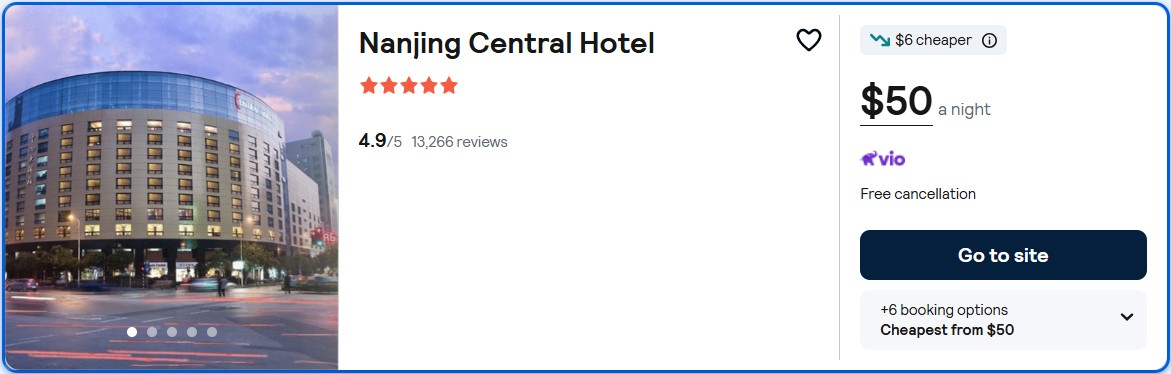 Click here to book this cheap flight deal. Stay at the 5* Nanjing Central Hotel in Nanjing, China for only $50 USD per night. Flight deal ticket image.