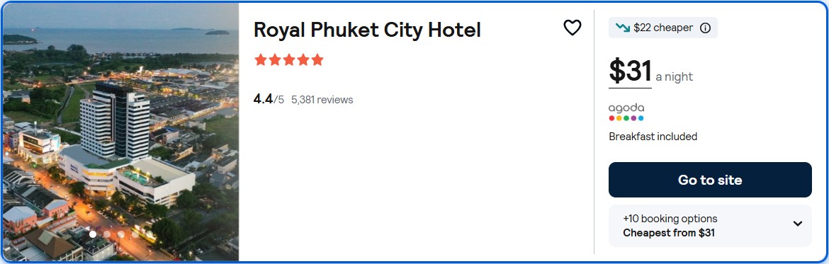 Click here to book this cheap flight deal. Stay at the 5 Stars* Royal Phuket City Hotel in Phuket, Thailand for only $31 USD per night. Flight deal ticket image.