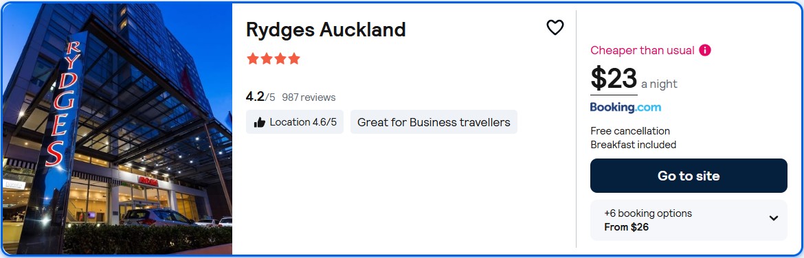 Click here to book this cheap flight deal. Stay at the 4* Rydges Auckland in Auckland, New Zealand for only $23 USD per night. Flight deal ticket image.