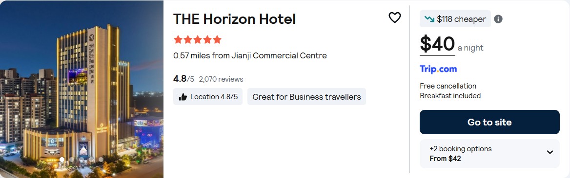 Click here to book this cheap flight deal. Stay at the 5* THE Horizon Hotel in Heyuan, China for only $40 USD per night. Flight deal ticket image.