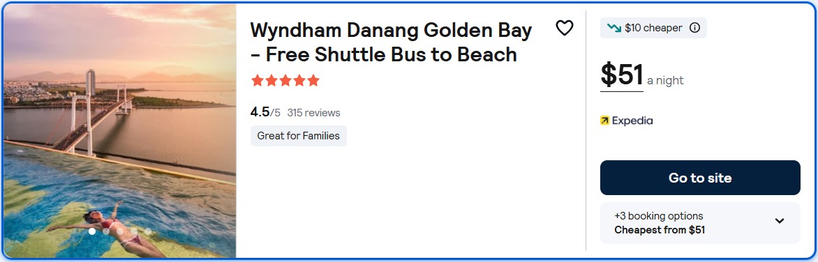 Click here to book this cheap flight deal. Stay at the 5* Wyndham Danang Golden Bay - Free Shuttle Bus to Beach in Da Nang, Vietnam for only $51 USD per night. Flight deal ticket image.