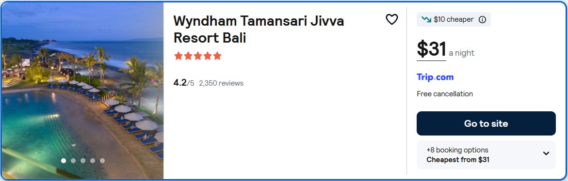 Click here to book this cheap flight deal. Stay at the 5* Wyndham Tamansari Jivva Resort Bali in Bali, Indonesia for only $31 USD per night. Flight deal ticket image.