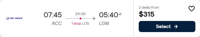 Click here to book this cheap flight deal. Cheap flights from Accra, Ghana to London, UK for only $315 USD one-way. Flight deal ticket image.