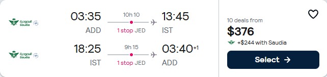 Click here to book this cheap flight deal. Summer, Christmas and New Year flights from Addis Ababa, Ethiopia to Istanbul, Turkey for only $376 USD roundtrip. Flight deal ticket image.