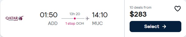 Summer flights from Addis Ababa, Ethiopia to Munich, Germany for only $283 USD one-way with Qatar Airways. Flight deal ticket image.