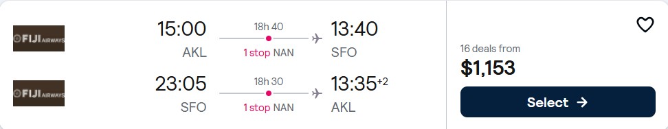 Click here to book this cheap flight deal. Cheap flights from Auckland, New Zealand to San Francisco, USA for only $1153 NZD roundtrip with Fiji Airways. Flight deal ticket image.
