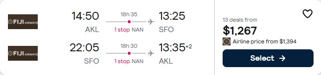 Click here to book this cheap flight deal. Cheap flights from Auckland, New Zealand to San Francisco, USA for only $1267 NZD roundtrip with Fiji Airways. Flight deal ticket image.