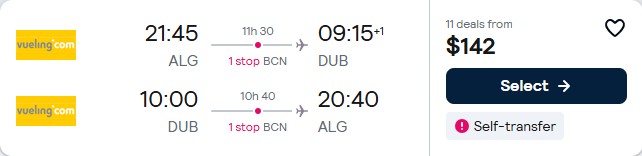 Click here to book this cheap flight deal. Cheap flights from Algiers, Algeria to Dublin, Ireland for only $142 USD roundtrip. Flight deal ticket image.