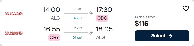 Click here to book this cheap flight deal. Non-stop flights from Algiers, Algeria to Paris, France for only $116 USD roundtrip. Flight deal ticket image.