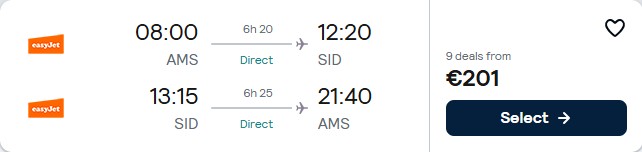 Click here to book this cheap flight deal. Cheap flights from Amsterdam, Netherlands to Sal, Cape Verde for only €201 roundtrip. Flight deal ticket image.