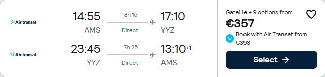 Click here to book this cheap flight deal. Non-stop flights from Amsterdam, Netherlands to Toronto, Canada for only €357 roundtrip. Flight deal ticket image.