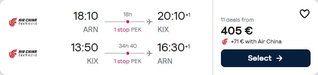 Click here to book this cheap flight deal. Cheap flights from Stockholm, Sweden to Osaka, Japan for only €405 roundtrip. Flight deal ticket image.