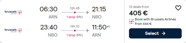 Click here to book this cheap flight deal. Cheap flights from Stockholm, Sweden to Nairobi, Kenya for only €405 roundtrip with Brussels Airlines. Flight deal ticket image.