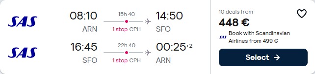 Click here to book this cheap flight deal. Cheap flights from Stockholm, Sweden to San Francisco, USA for only €448 roundtrip with Scandinavian Airlines. Flight deal ticket image.