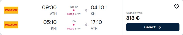 Click here to book this cheap flight deal. Cheap flights from European cities to Karachi, Pakistan from only €313 roundtrip. Flight deal ticket image.