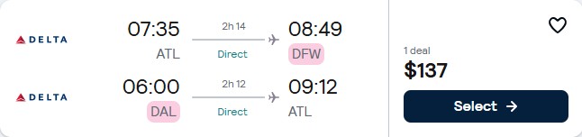 Non-stop, summer flights from Atlanta to Dallas, Texas for only $137 roundtrip with Delta Air Lines. Also works in reverse. Flight deal ticket image.