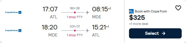 Click here to book this cheap flight deal. Summer flights from Atlanta to Medellin, Colombia for only $325 roundtrip with Copa Airlines. Flight deal ticket image.