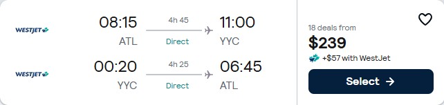 Click here to book this cheap flight deal. Non-stop, summer flights from Atlanta to Calgary, Canada for only $239 roundtrip. Flight deal ticket image.