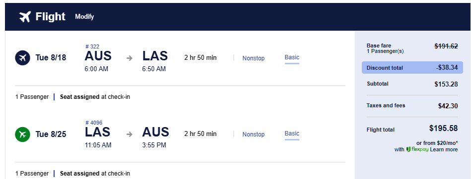 Click here to book this cheap flight deal. Non-stop flights from Austin, USA to Las Vegas, USA for only $198 roundtrip. Also works in reverse. Flight deal ticket image.