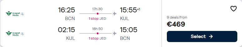 Cheap flights from Barcelona, Spain to Kuala Lumpur, Malaysia for only €469 roundtrip. Flight deal ticket image.