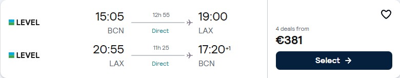 Click here to book this cheap flight deal. Non-stop flights from Barcelona, Spain to Los Angeles, USA for only €381 roundtrip. Flight deal ticket image.